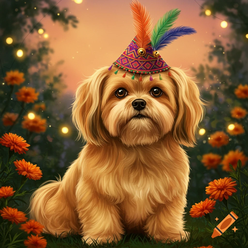 A fluffy golden Lhasa Apso dog sits in a garden at dusk, wearing a colorful festive hat with feathers and small bells.