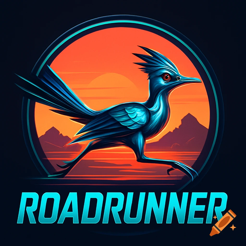 A stylized blue roadrunner bird running within an orange sunset circle logo, with the word 'ROADRUNNER' below.