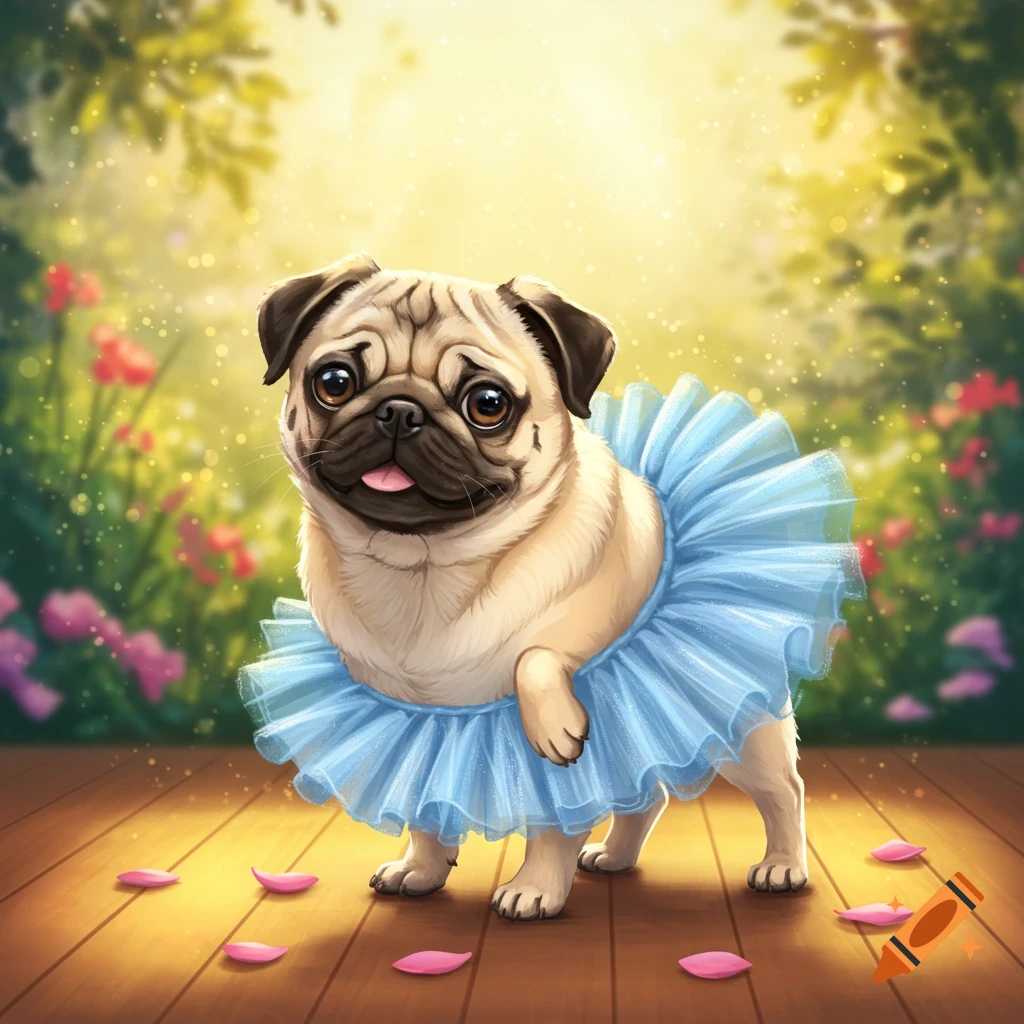 An adorable cartoon pug wearing a light blue ballet tutu stands on a wooden floor with pink flower petals, in a sunny garden setting.