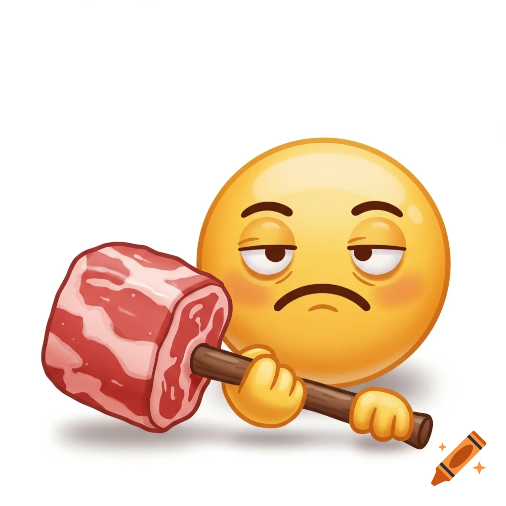 A yellow emoji with a bored expression holds a mallet made of raw meat.