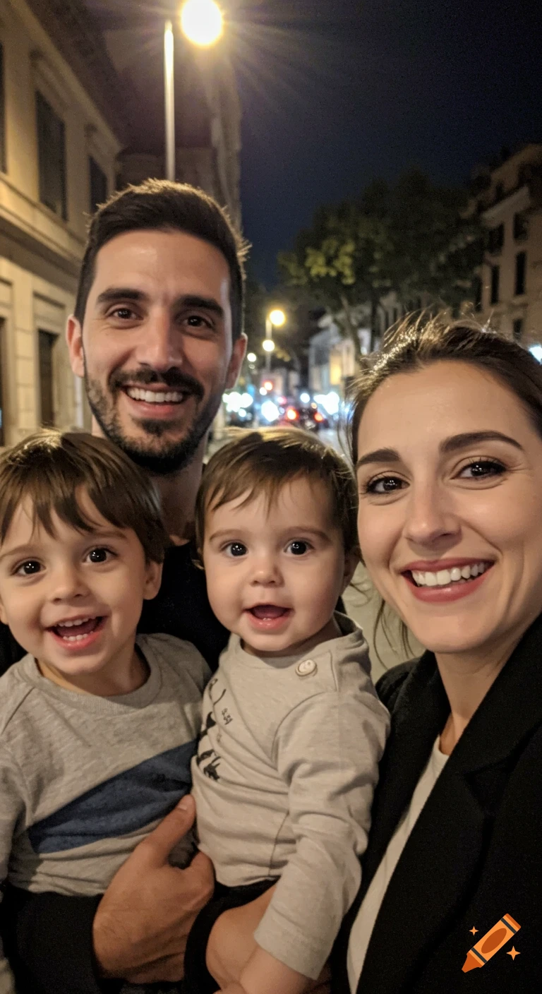 A family of four (man, woman, two toddlers) smiles for a night-time selfie outdoors under streetlights.