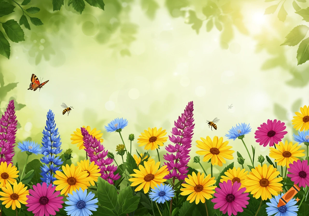 A vibrant border of yellow, pink, blue, and purple flowers with green leaves, a butterfly, and bees against a soft, bright green background with sun glare.