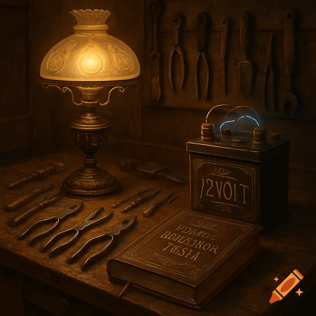 A dimly lit steampunk-style workbench with a glowing Victorian lamp, a 12-volt battery, various tools, and a leather-bound book.