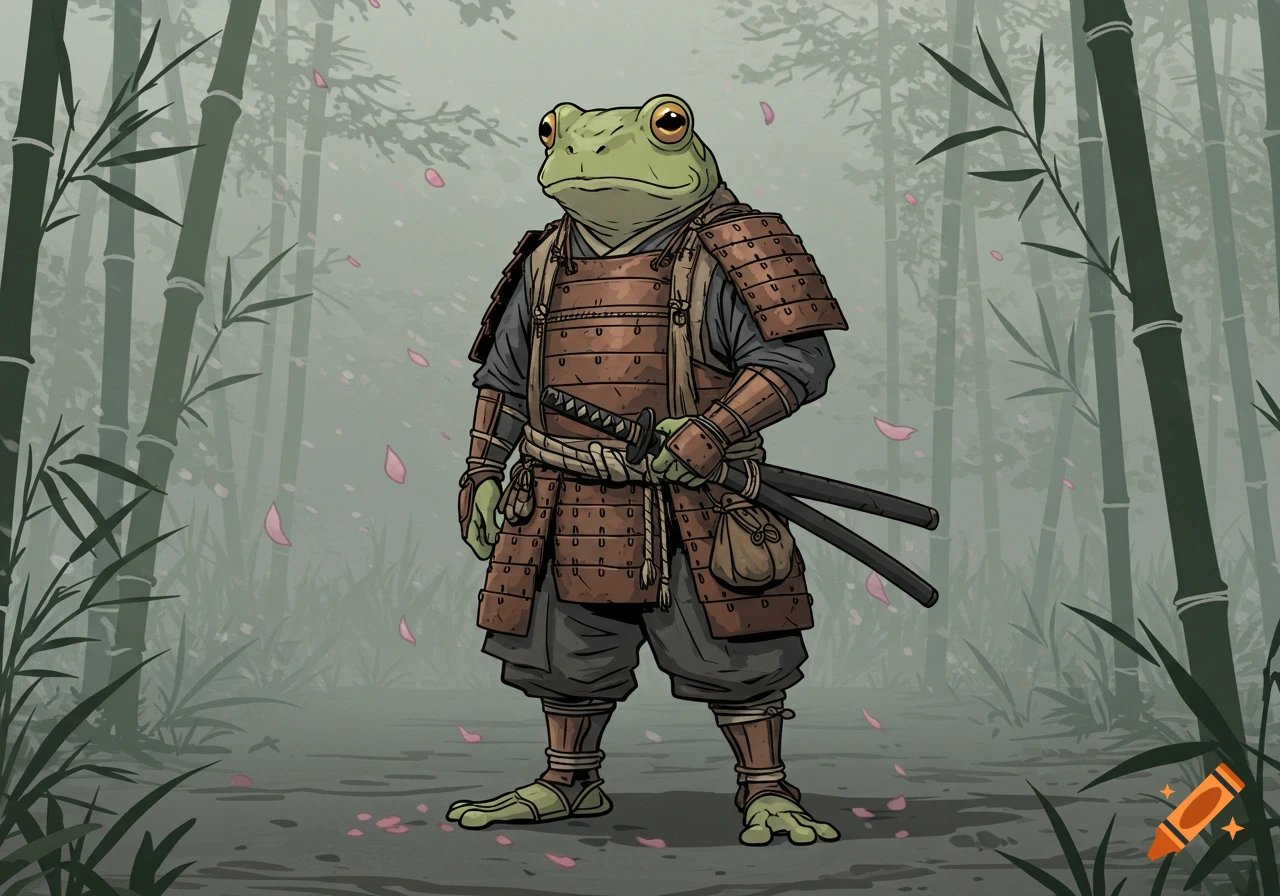 Comic-book style illustration of an anthropomorphic frog samurai standing in a misty bamboo grove with pink cherry blossom petals.
