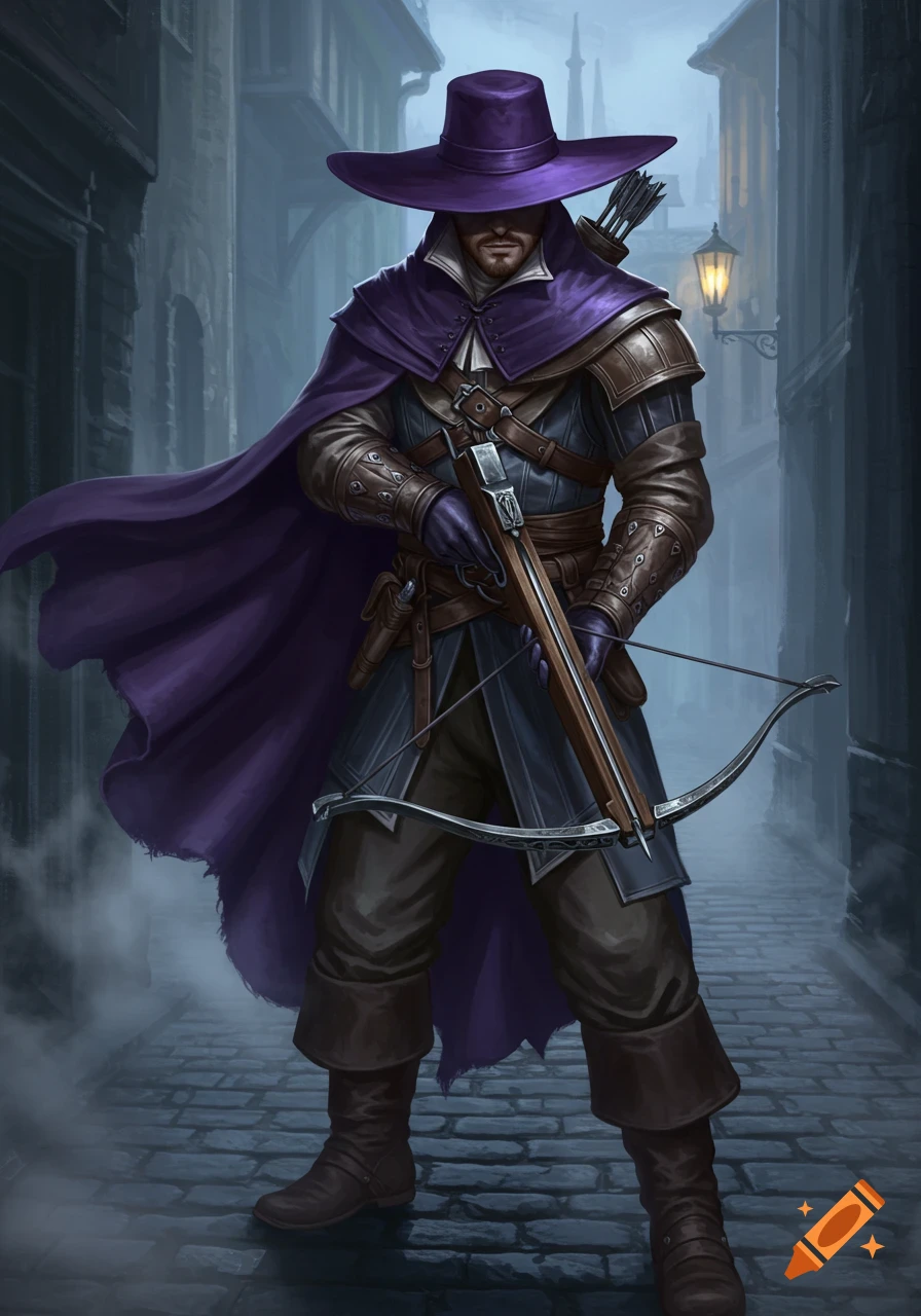 A man dressed as an assassin with a purple wide-brimmed hat and cloak, holding a crossbow, stands on a cobblestone street.