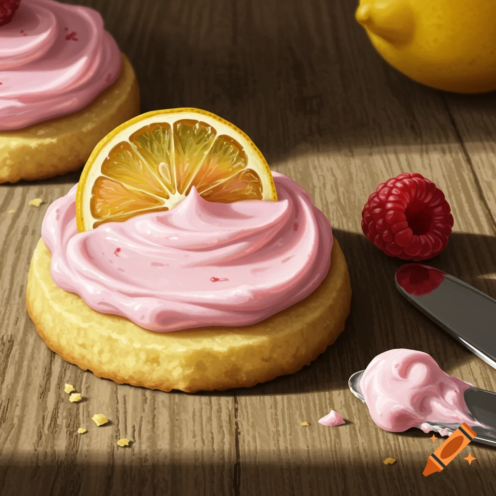 Lemon shortbread cookie with pink raspberry buttercream icing, a lemon slice, raspberry, and butter knives on a wooden table.
