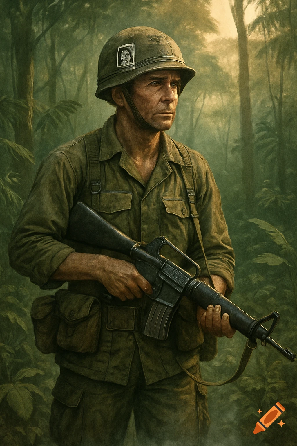 A detailed painting of a Vietnam era soldier in a jungle, holding a rifle and looking to the right.