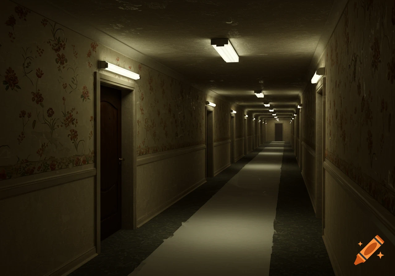 A long, dim, empty hallway with floral wallpaper, multiple doors, and fluorescent lights receding into the distance, typical of the Backrooms.