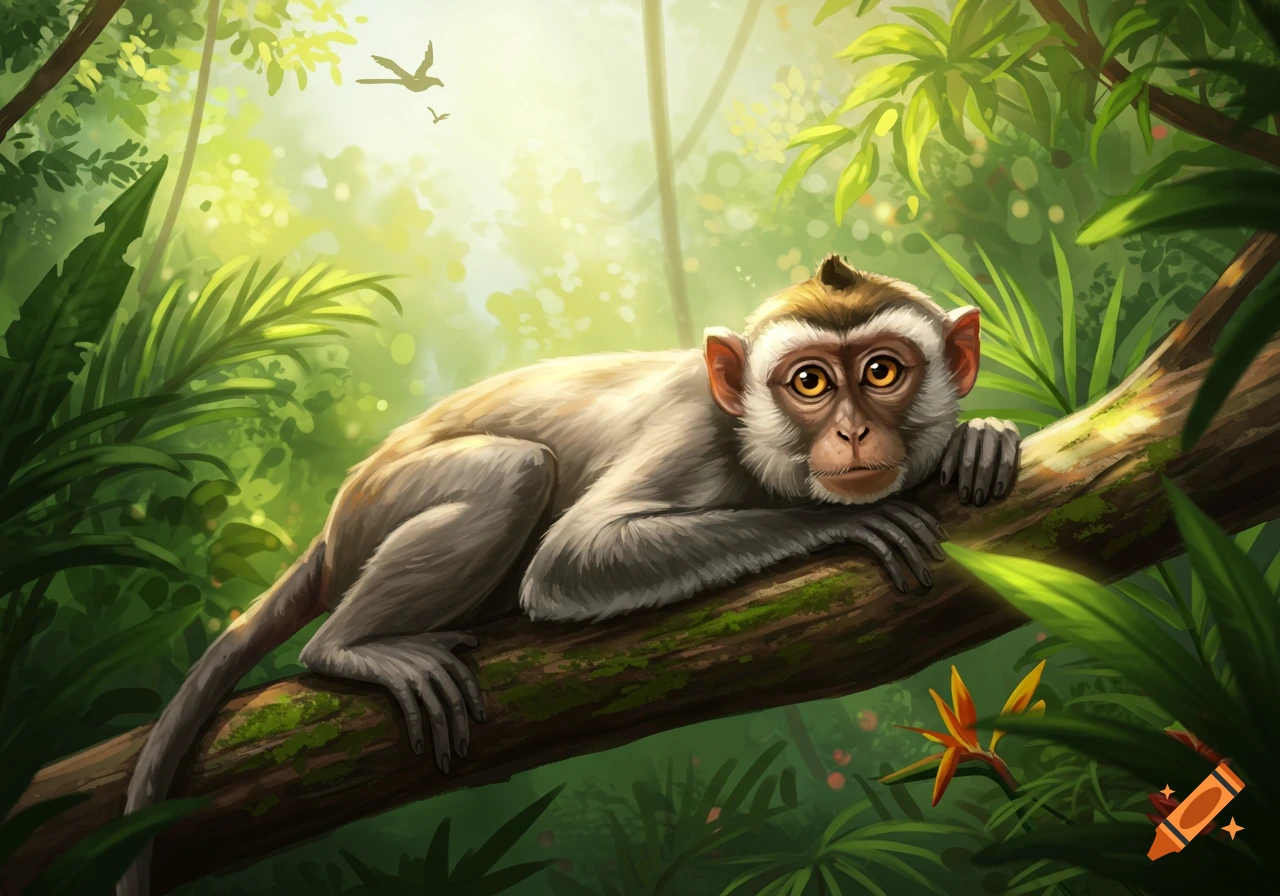 A cartoon monkey with big eyes lies on a tree branch in a lush jungle.