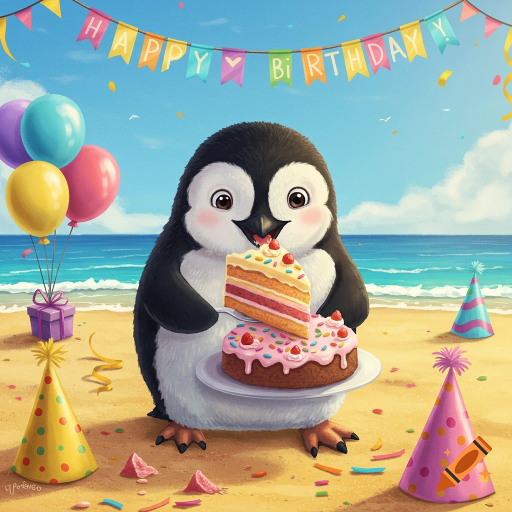 A cute cartoon penguin on a beach eating a slice of birthday cake, with balloons, party hats, and a 'HAPPY BIRTHDAY' banner.