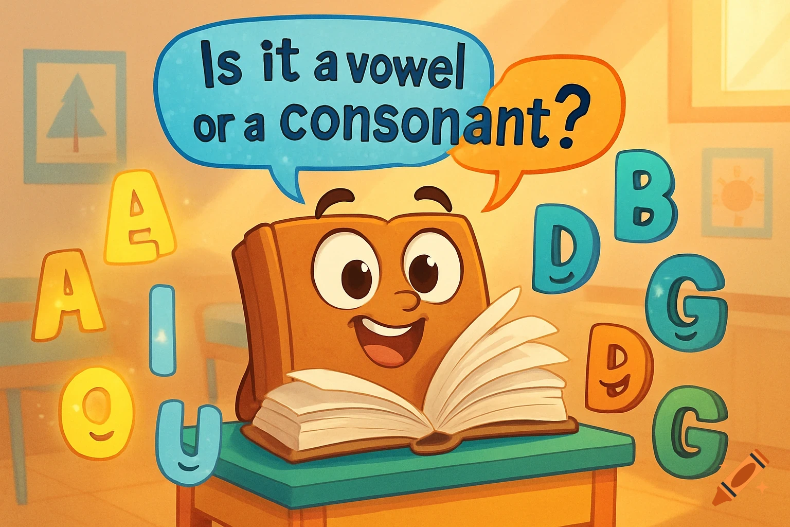 A smiling cartoon book character with open pages asks 'Is it a vowel or a consonant?' in speech bubbles, surrounded by floating letters like A, I, O, U, D, B, G in a bright educational scene.