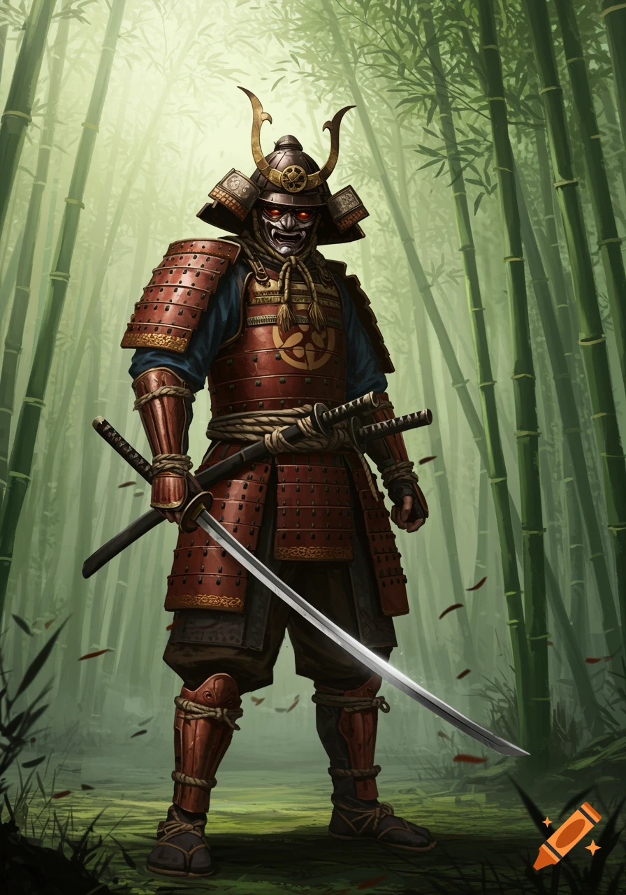 A samurai warrior in red armor and a mask with glowing red eyes stands in a bamboo forest, holding a katana.