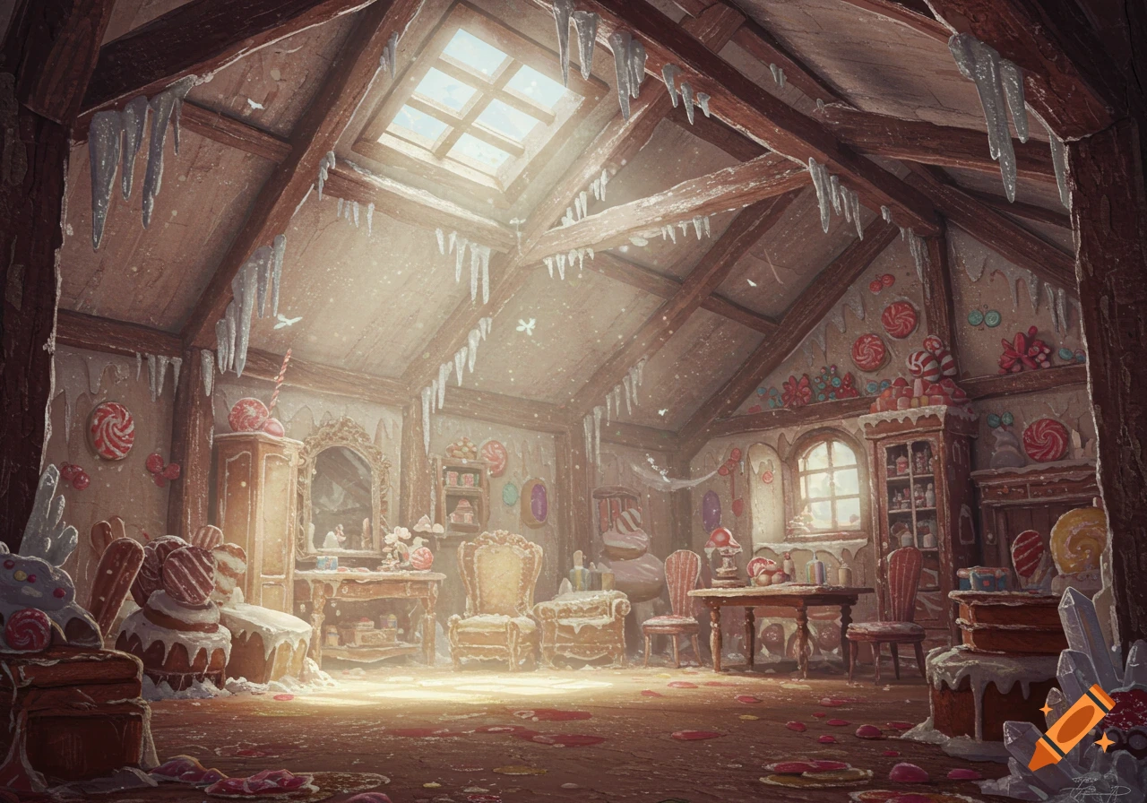 A whimsical attic room decorated with large candies, icicles, and a frosted, sugary appearance, bathed in sunlight from a skylight.