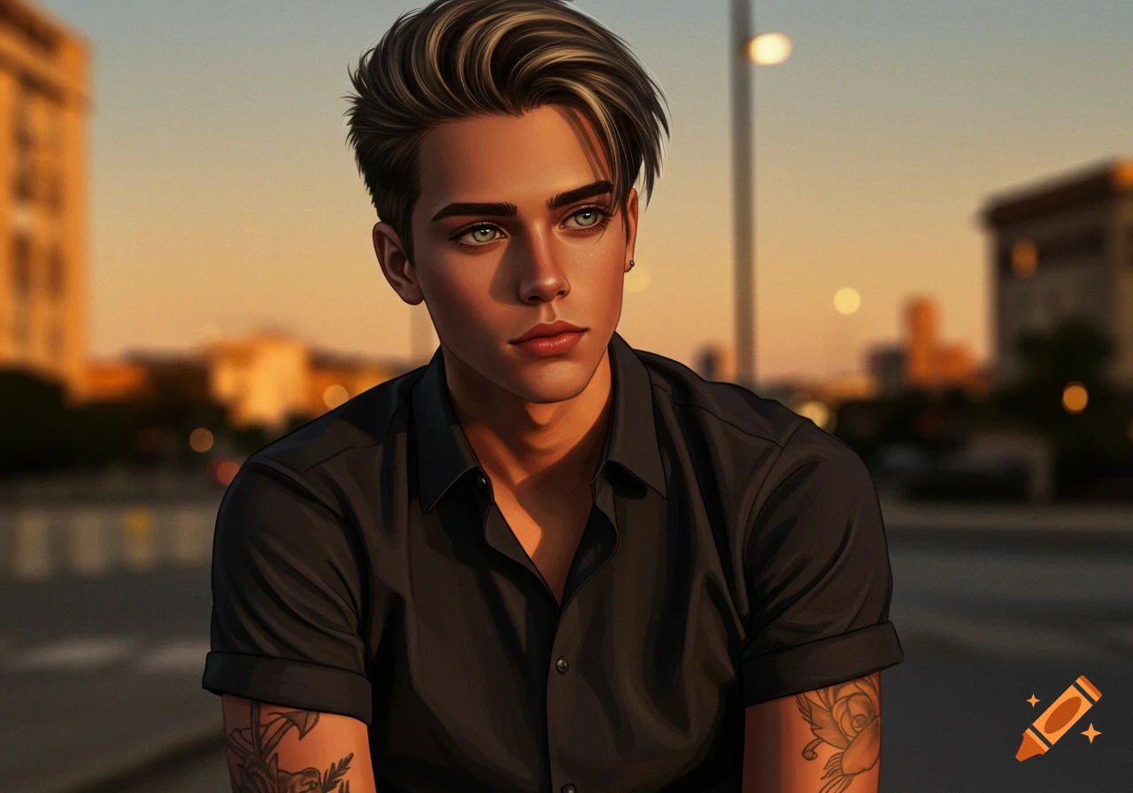 A stylized portrait of a young man with dark and blonde hair, green eyes, and arm tattoos, wearing a black shirt, against a blurred urban sunset background.