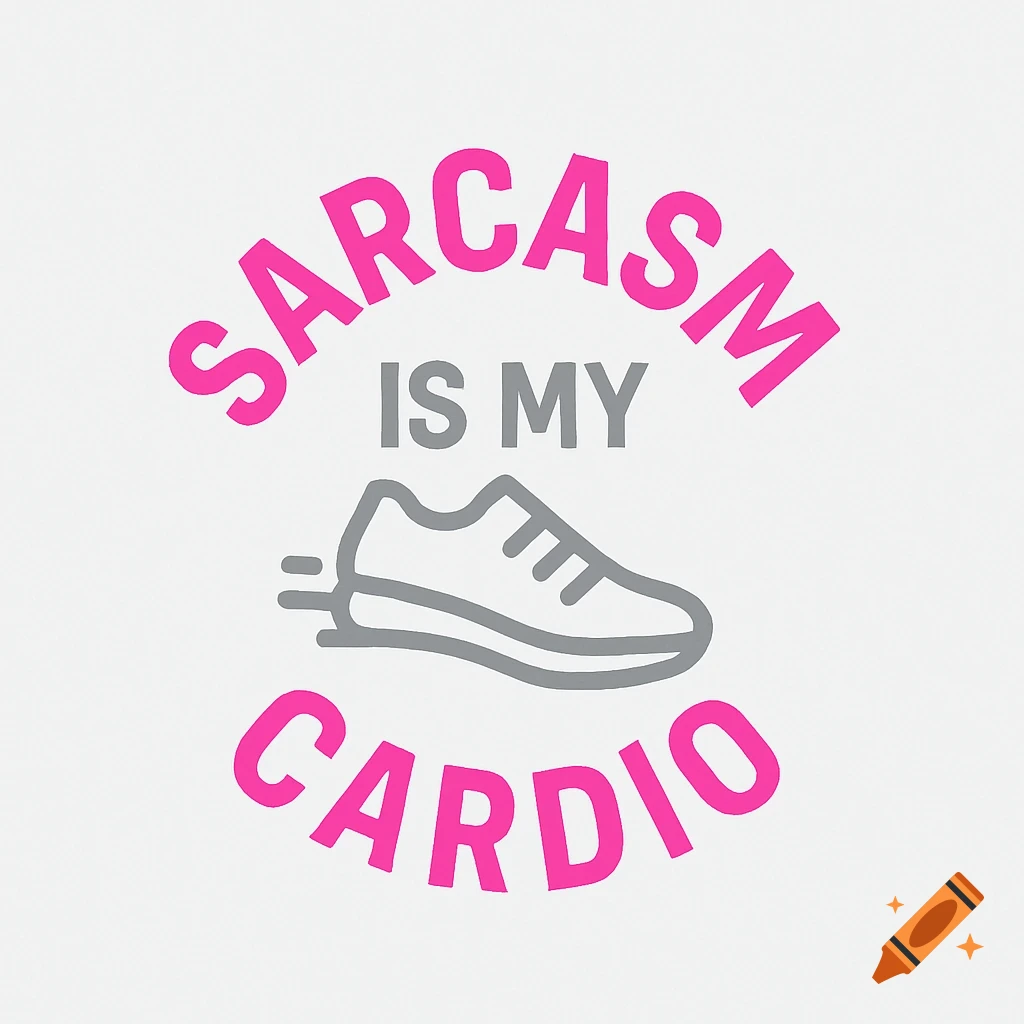 A pink and gray logo with the text SARCASM IS MY CARDIO and a running shoe icon.