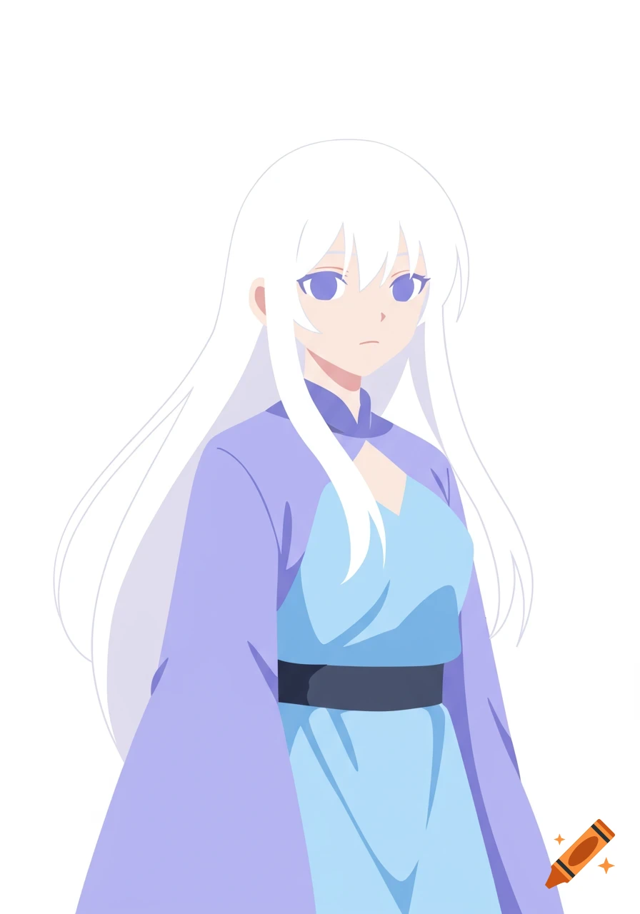 An anime girl with long white hair and purple eyes, wearing a light blue dress with a purple outer robe and a black belt, standing against a white background.