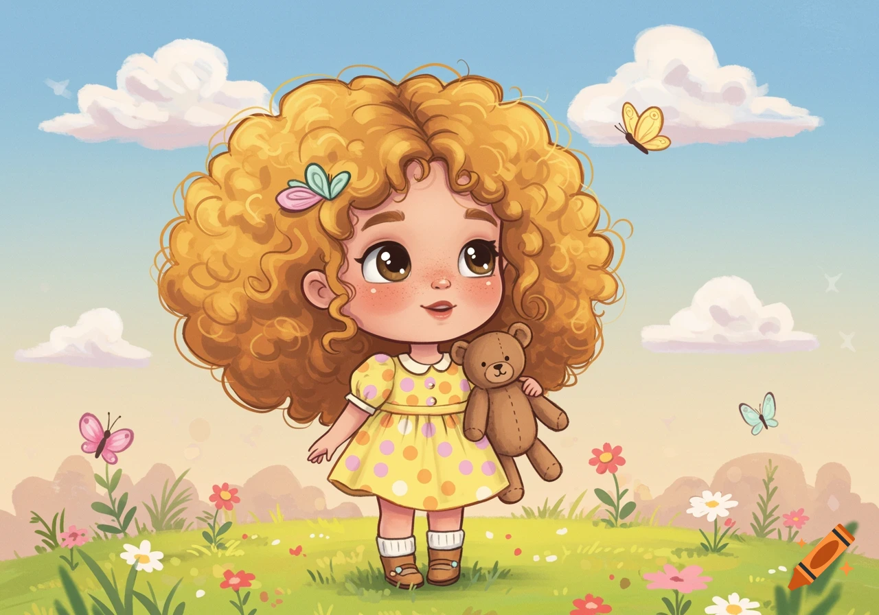 A cute cartoon little girl with golden curly hair in a yellow polka dot dress holds a teddy bear in a sunny field with flowers and butterflies.