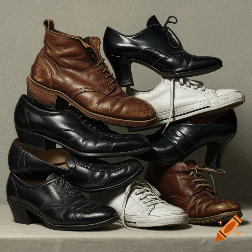 A still life drawing of a pile of various shoes, including brown leather boots, black dress shoes, and white sneakers.