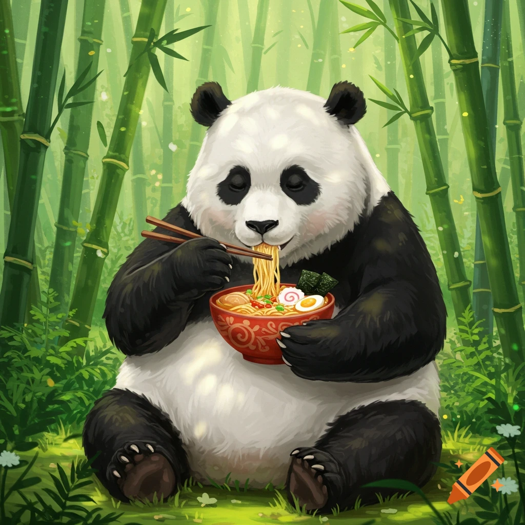 A cute panda sitting in a bamboo forest, happily eating a bowl of ramen with chopsticks.