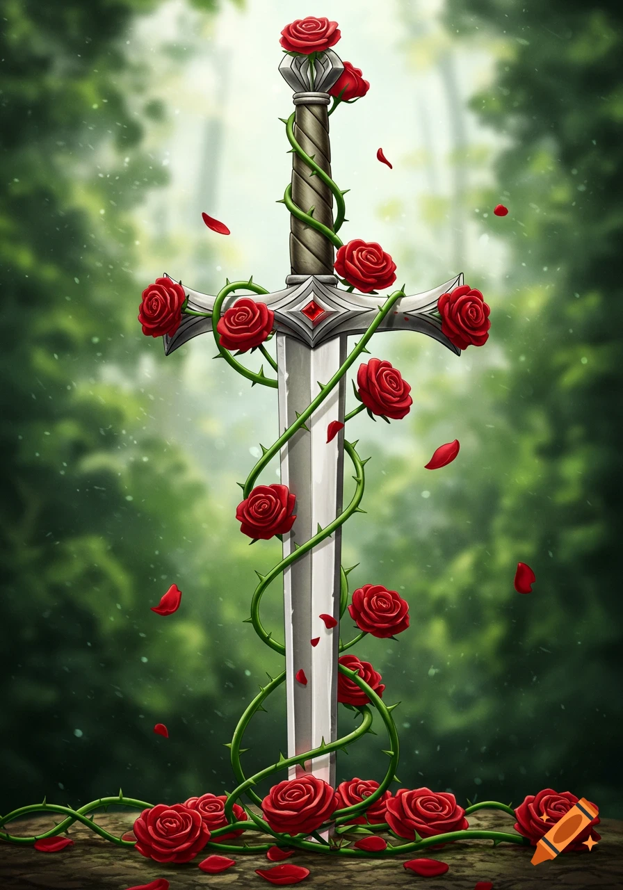A silver sword adorned with red roses and green thorny vines stands upright in a lush, blurry green forest.