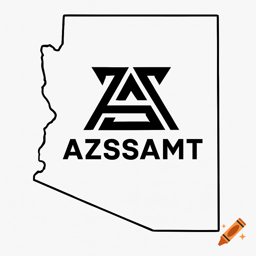 Black stylized AZSSAMT logo over a black outline of the state of Arizona on a white background.