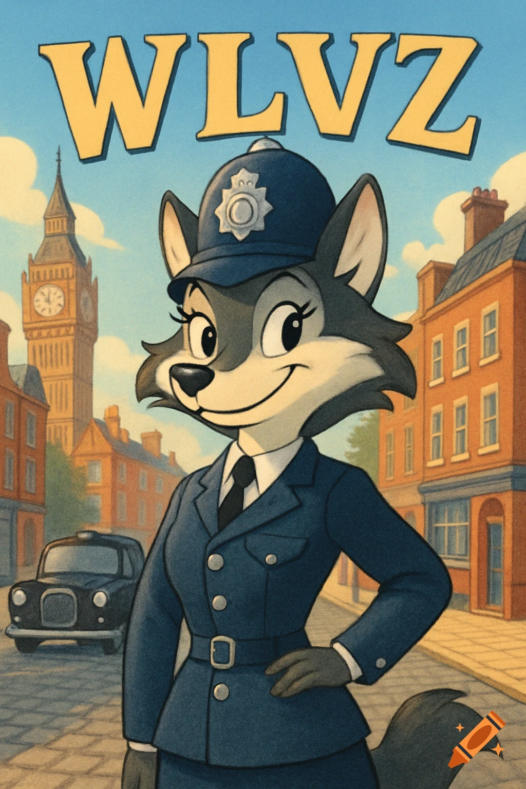A cartoon wolf in a British police uniform stands on a London street with Big Ben and a black taxi in the background, with 'WLVZ' text above.