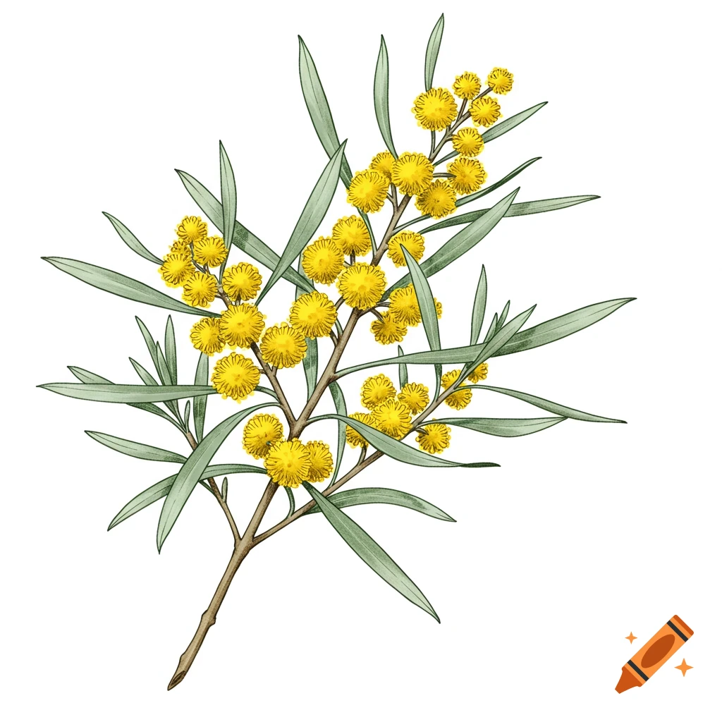 A hand-drawn illustration of a wattle branch with bright yellow spherical flowers and long green leaves on a white background.