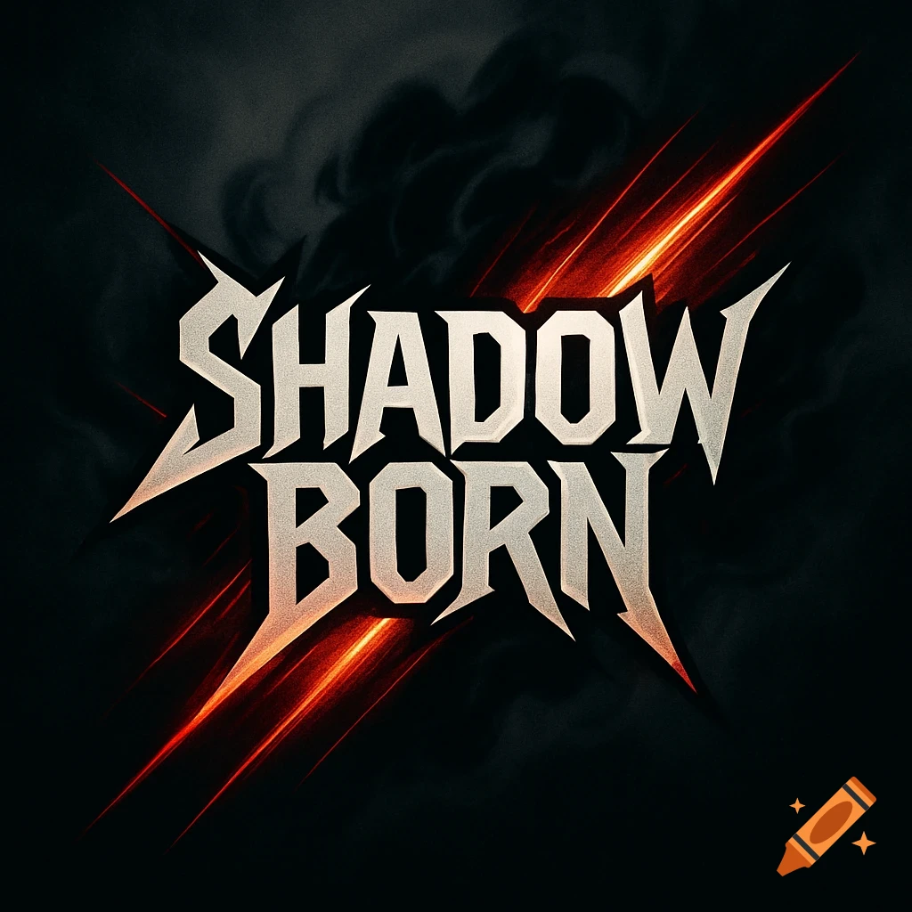 Stylized metallic logo for 'Shadow Born' band with red streaks and dark smoke on a black background.