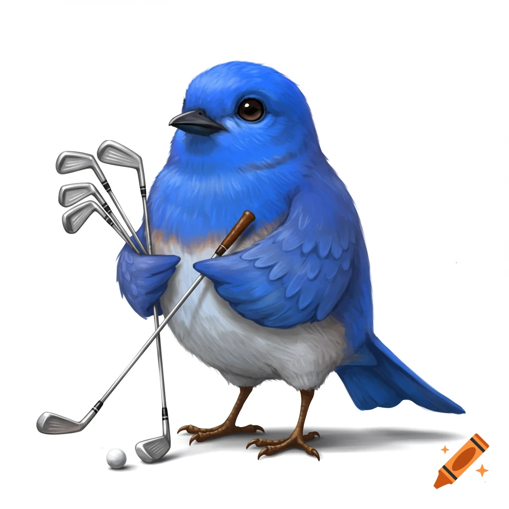 An illustration of a cute bluebird holding several golf clubs and standing next to a golf ball on a white background.