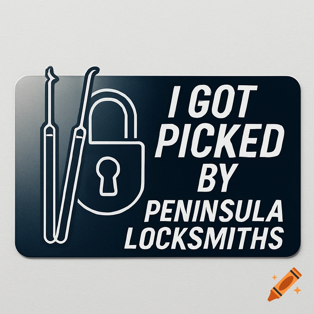 A dark blue bumper sticker with a white line drawing of two lock picks and a padlock on the left, and white text "I GOT PICKED BY PENINSULA LOCKSMITHS" on the right.