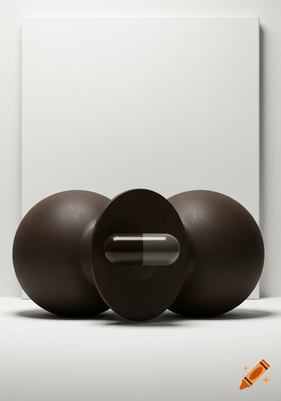 Two dark brown spherical objects, one with a prominent transparent capsule-like protrusion, on a white surface against a blank canvas.