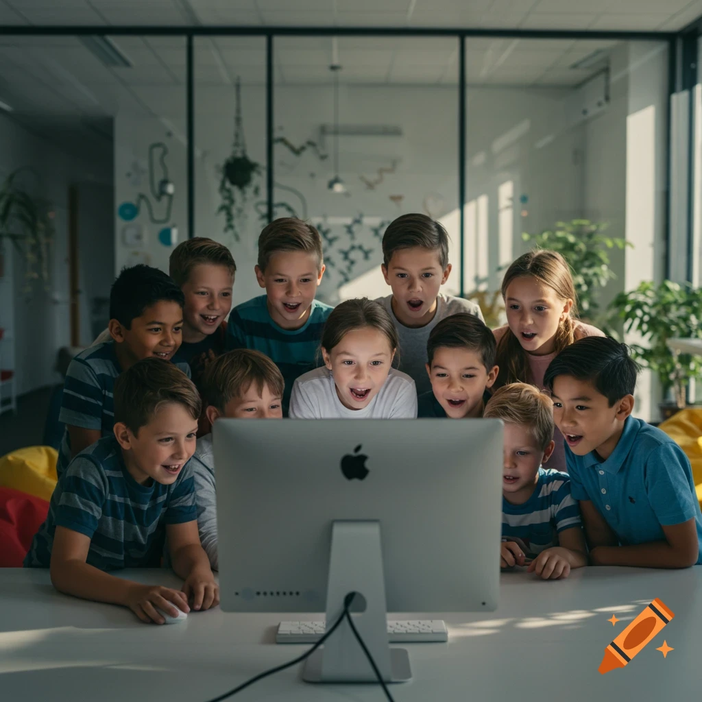 A diverse group of nine excited children huddle around a computer screen in a modern room, watching intently.