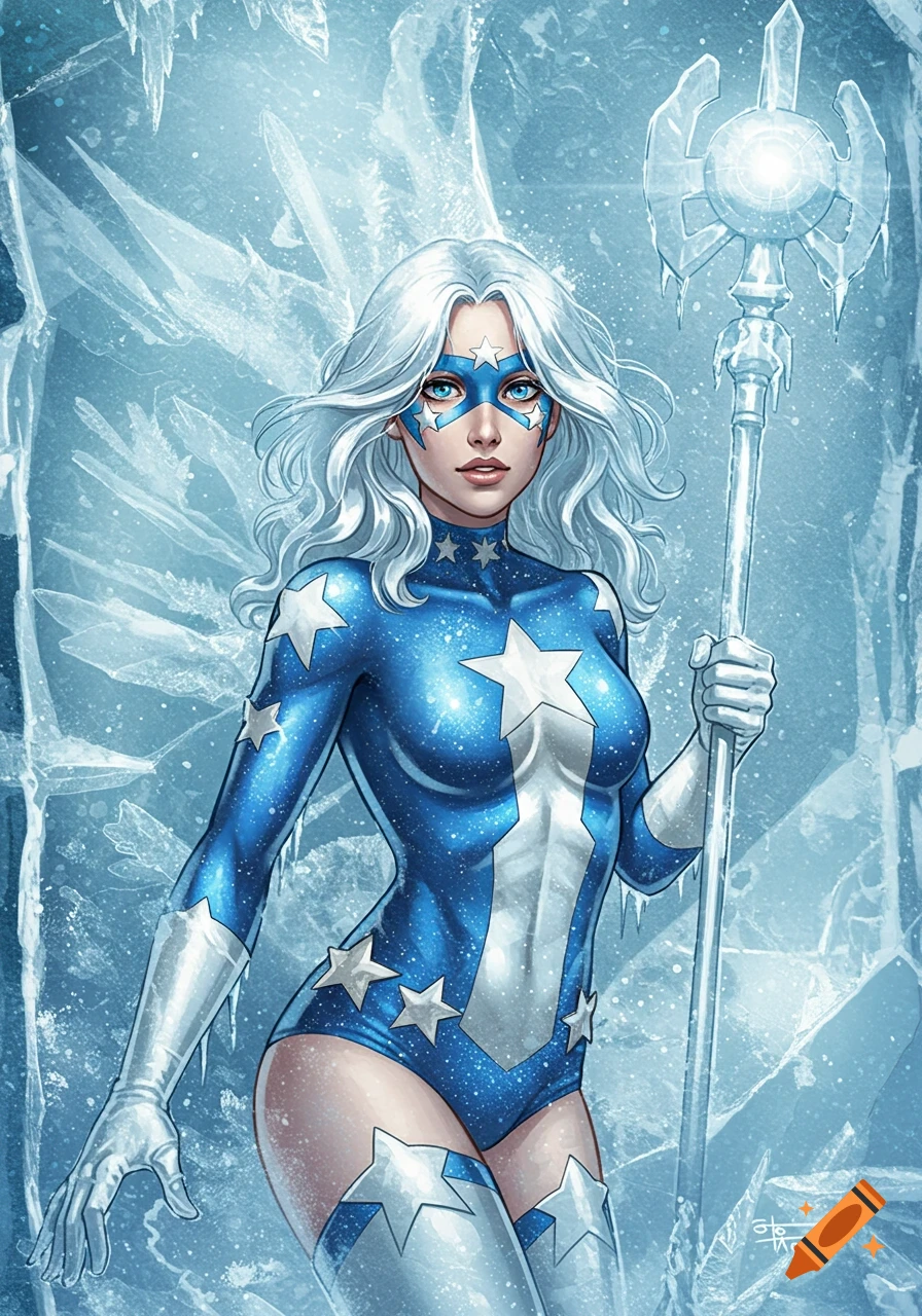 A female superhero, Stargirl, with white hair and a blue starry costume, holds an ice staff in a frozen, ice-covered environment, in a comic book art style.
