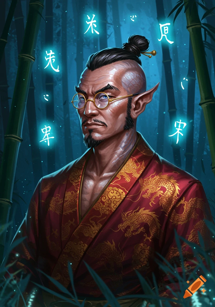 A distinguished Asian fantasy character with pointed ears and a top knot, wearing a red robe with gold dragon patterns, surrounded by glowing Asian characters.