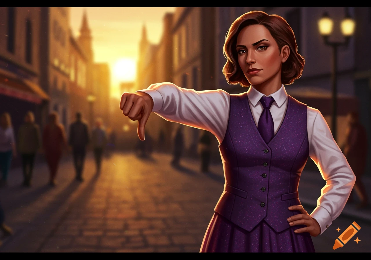 A digitally painted woman in a purple vest dress and white shirt gives a thumbs down gesture on a city street at sunset.