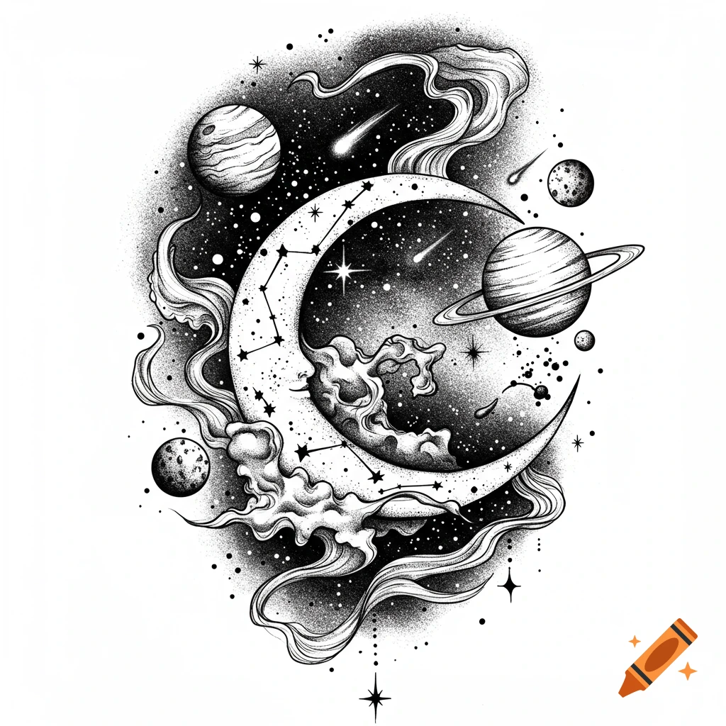 Black and white stippling tattoo design of a crescent moon, planets, and stars in a cosmic scene.