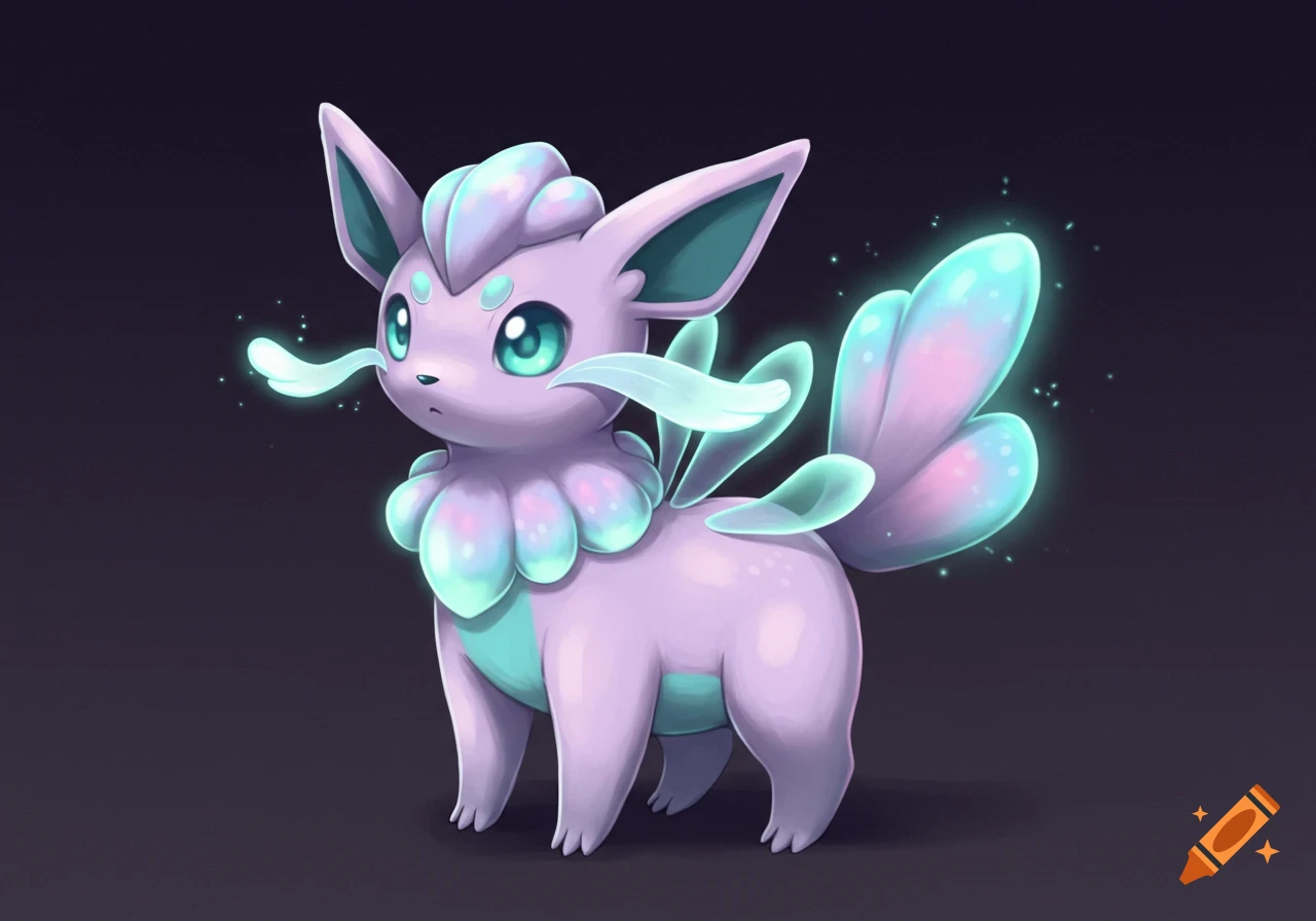 A cute, stylized light purple creature with large teal eyes, frilly neck, and glowing teal-pink wing-like elements.