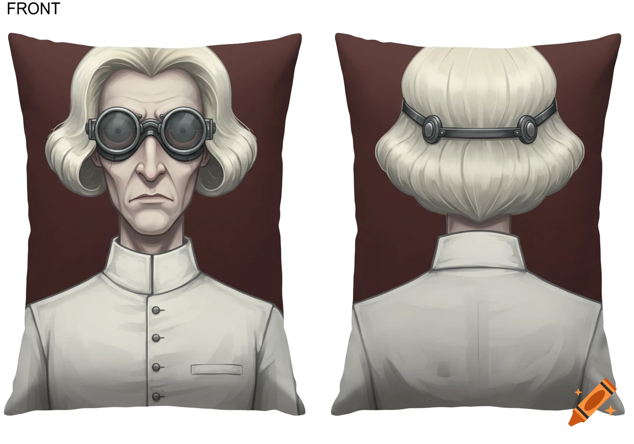 A pillow featuring a pale, stern-looking man with platinum blonde hair and dark goggles, shown from front and back.