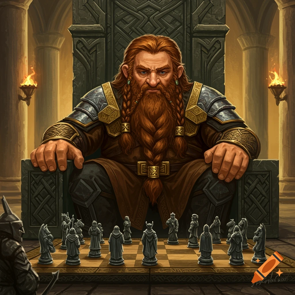 A dwarf warrior with a braided red beard sits on a stone throne, intently observing a chess game in a grand, torch-lit hall.