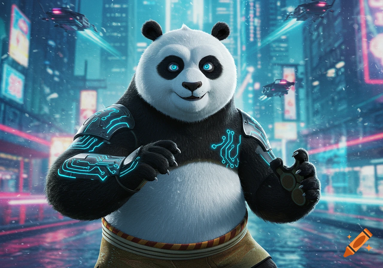 A futuristic cyberpunk panda character wearing glowing blue circuit-patterned armor, standing in a neon-lit city with flying vehicles.