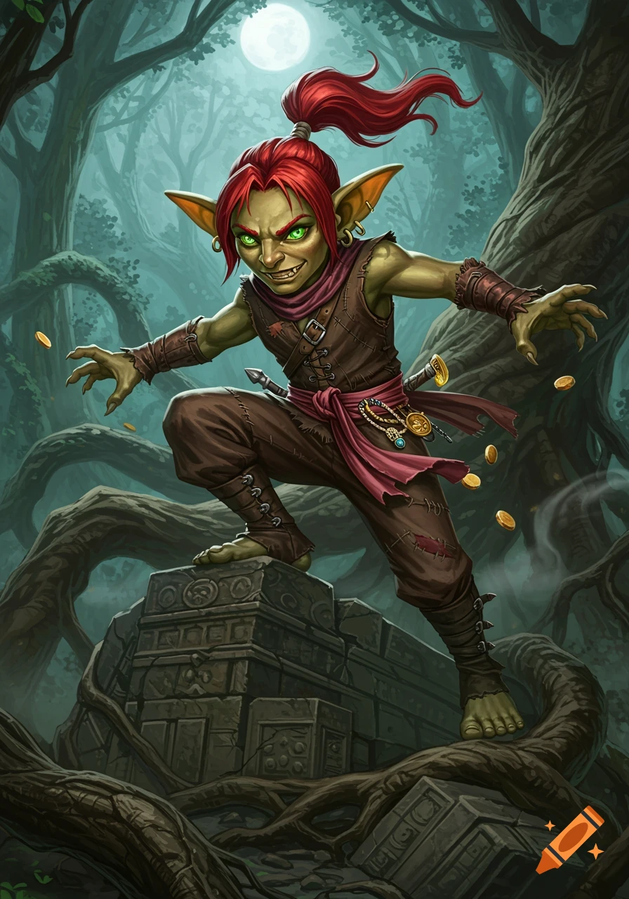 A red-haired goblin thief with green eyes crouches on stone ruins in a moonlit, misty forest, with gold coins floating.