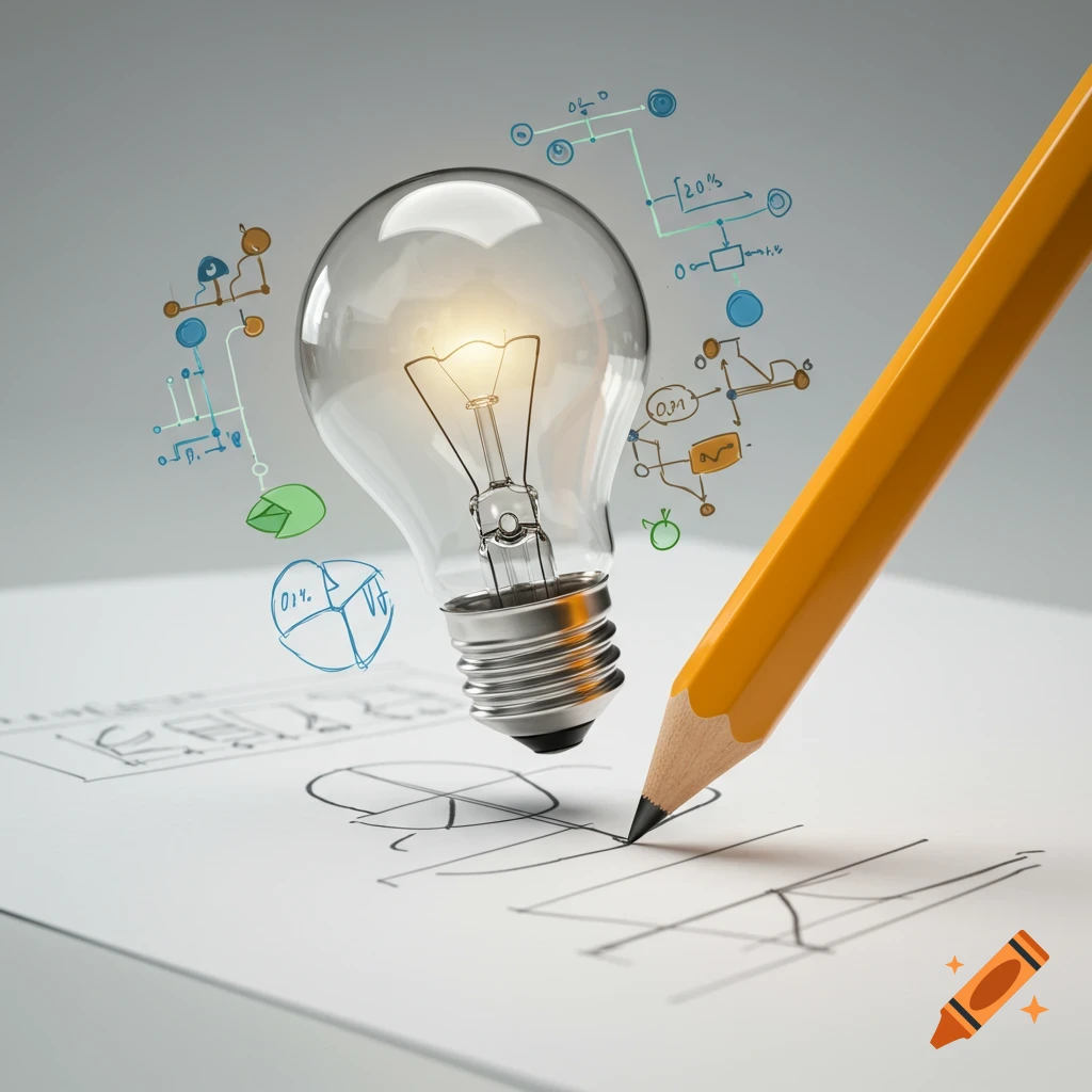 A glowing lightbulb and a pencil on white paper with colorful diagrams and doodles.
