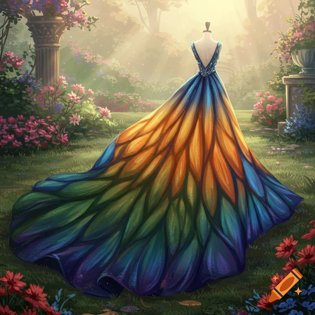 A vibrant dress on a mannequin, with a long train resembling butterfly wings in blue, green, orange, and yellow, set in a sunlit garden.