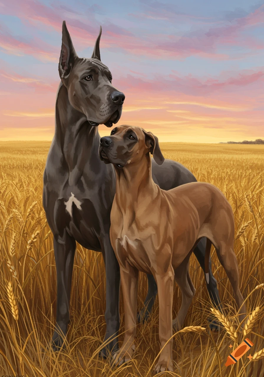 Two Great Danes stand in a golden wheat field under a sunset sky, rendered in a painterly style.