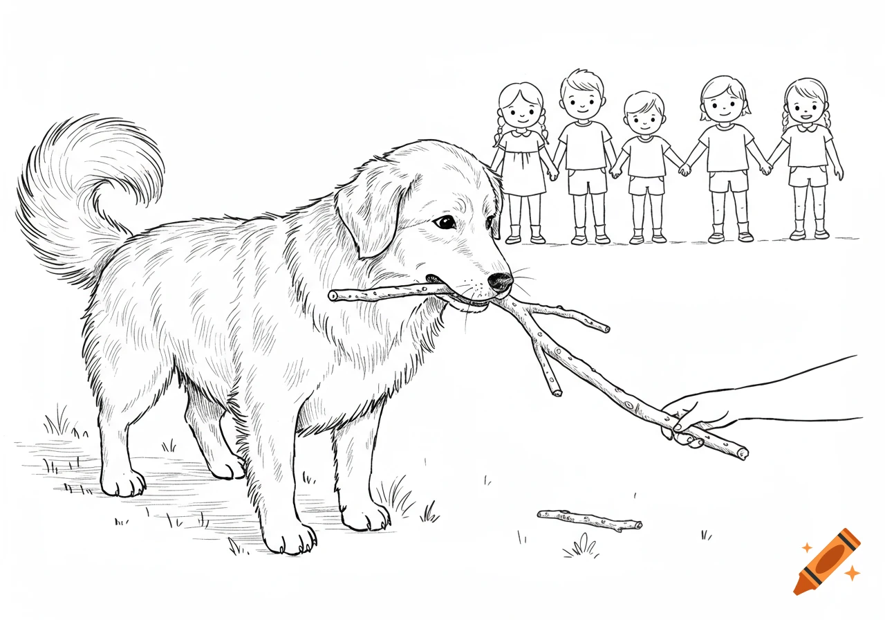 A black and white line drawing of a dog holding a stick in its mouth, with a human hand reaching for the stick. In the background, five children are holding hands.