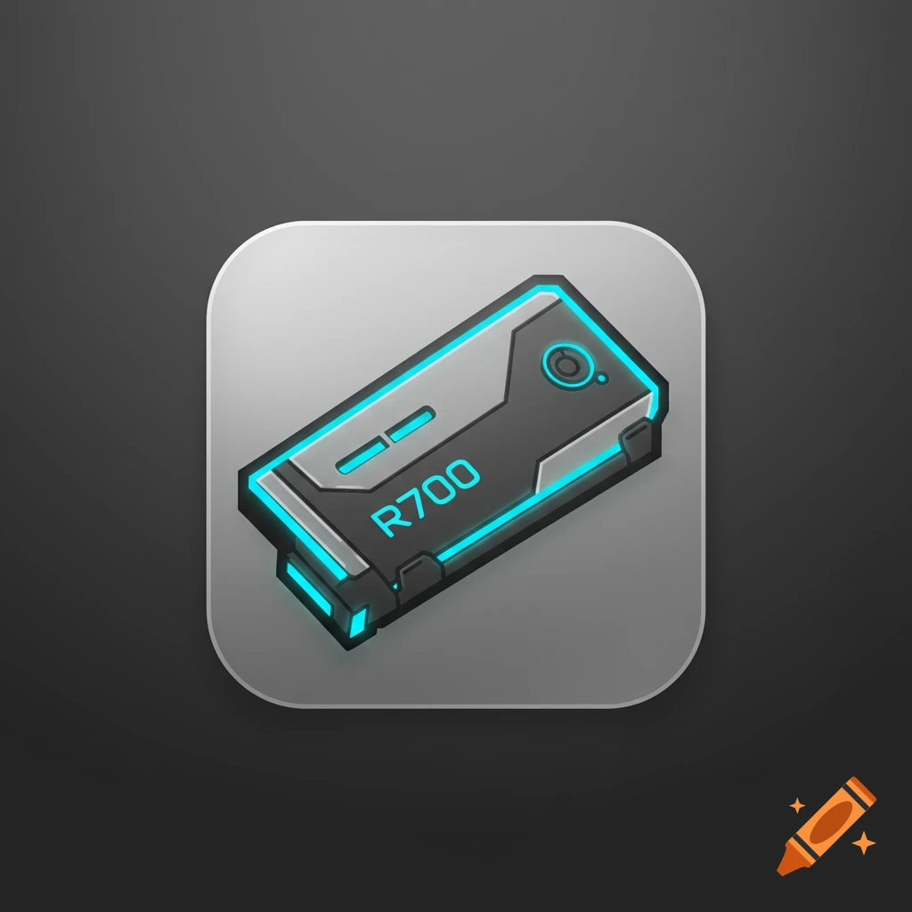 A futuristic black and grey device icon with glowing blue lines and 'R700' text on a rounded grey background.