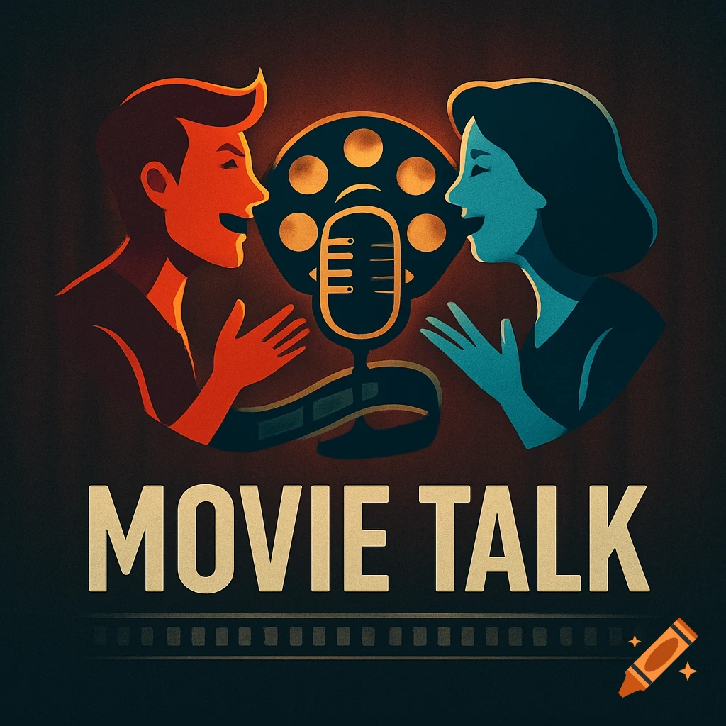 A stylized logo with a man and a woman talking into a vintage microphone and film reel, with the text 'MOVIE TALK' below.
