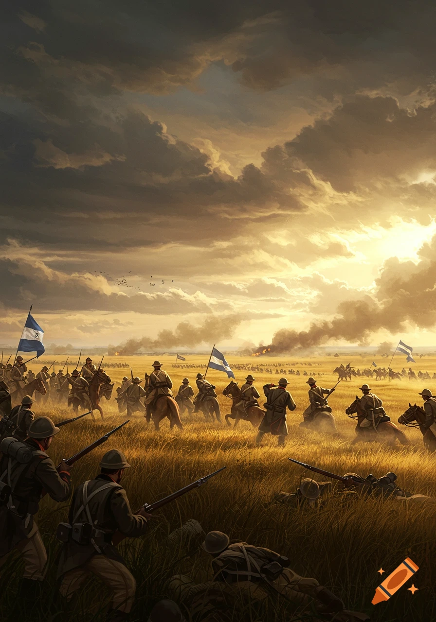 A dramatic painting of a historical battle with soldiers on horseback and foot in a golden field under a cloudy sunset sky.