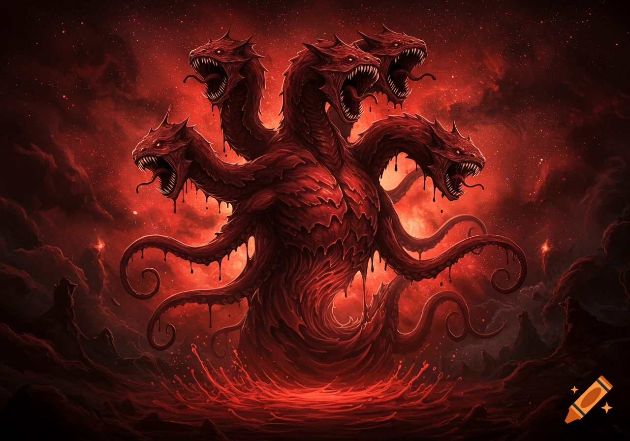 A monstrous, multi-headed red dragon-like creature with tentacles and dripping blood stands in a hellish red landscape.