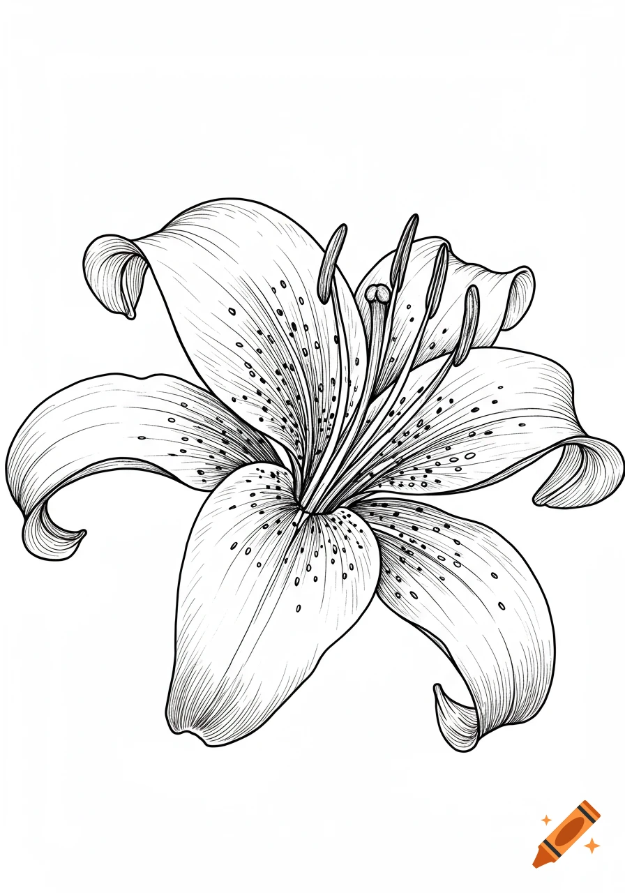 Detailed black and white line art drawing of a tiger lily.